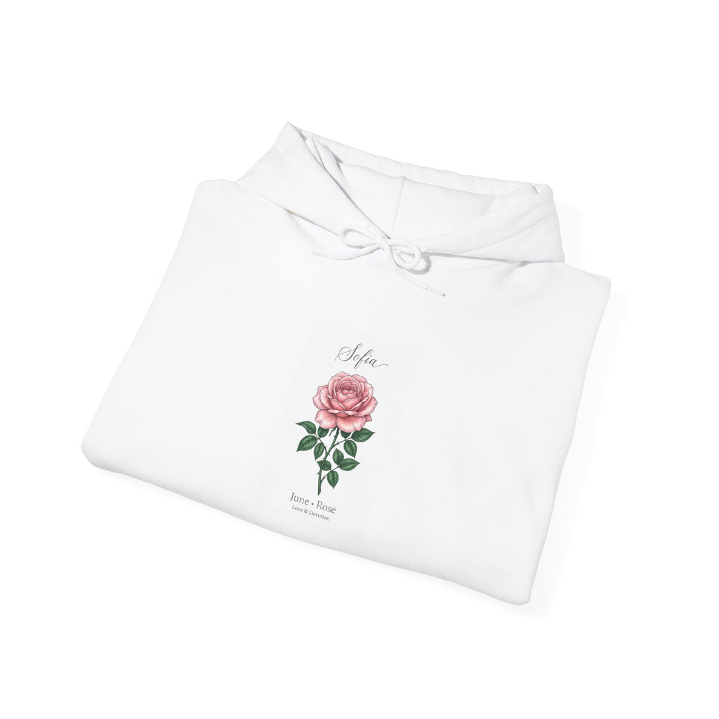 June Birth Flower Rose Hoodie, botanical watercolor, personalized name