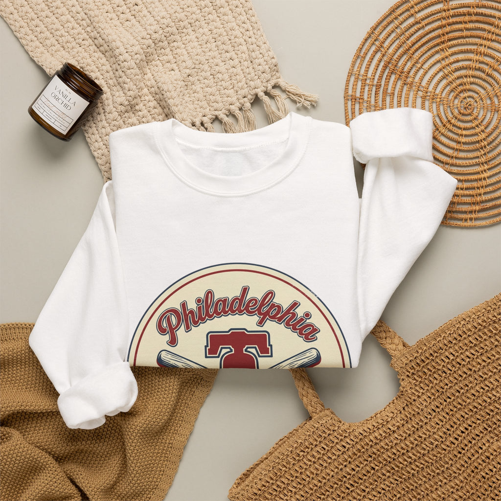 Philadelphia Baseball Crewneck, vintage script, state outline, athletic city pride