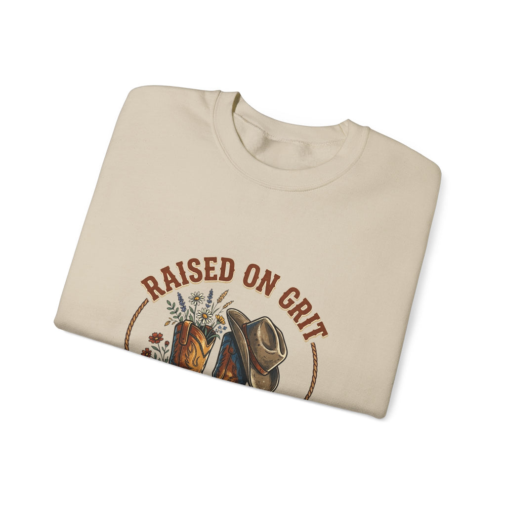 Raised on Grit Boots & Hat Crewneck Sweatshirt | western rustic prairie vintage