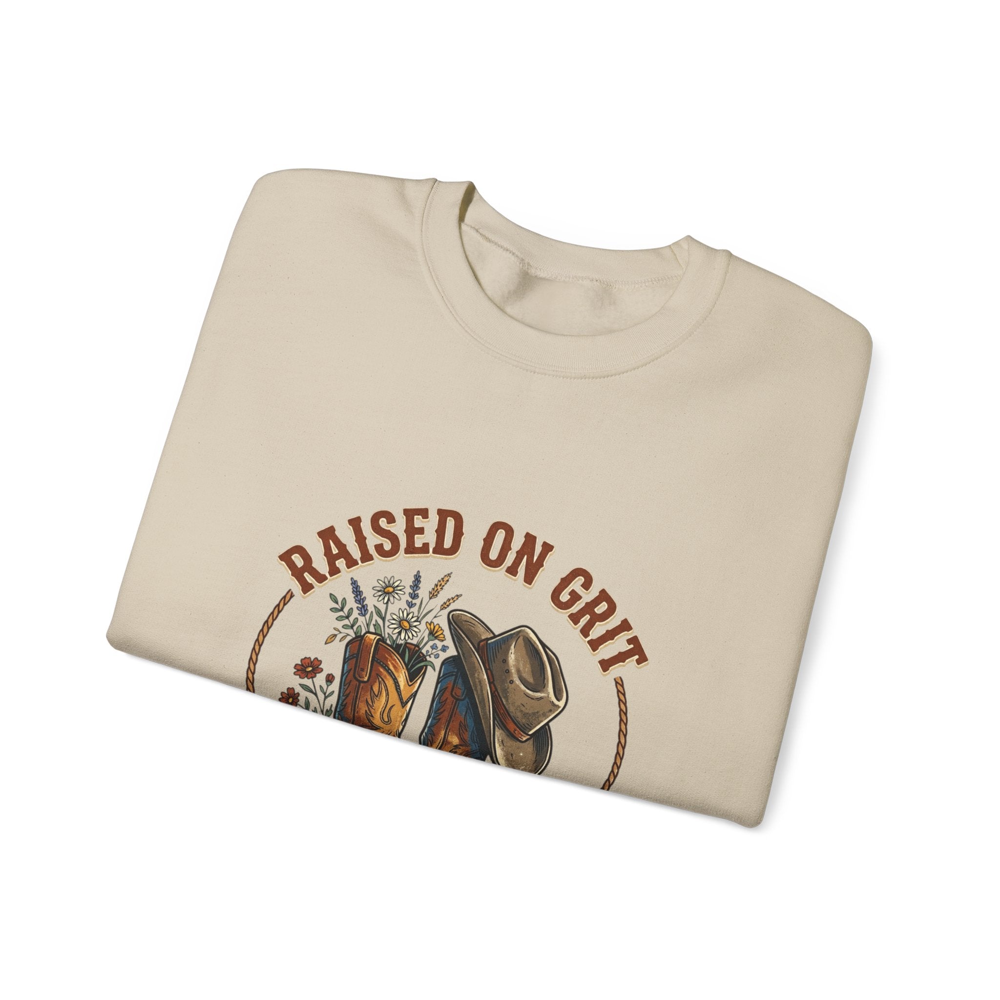 Raised on Grit Boots & Hat Crewneck Sweatshirt | western rustic prairie vintage